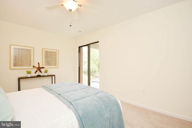 bedroom with ceiling fan, light carpet, and access to exterior