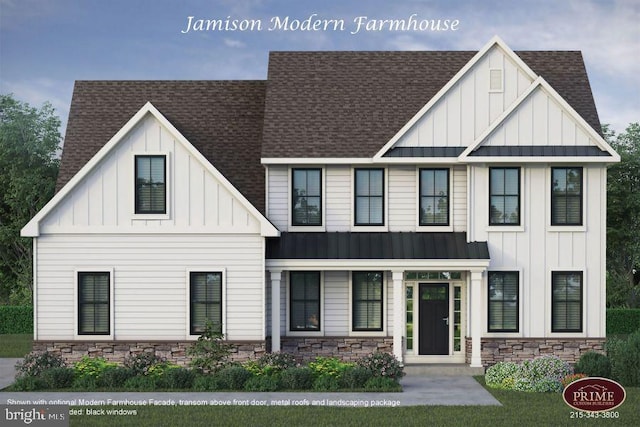 view of front facade with metal roof, stone siding, roof with shingles, board and batten siding, and a standing seam roof