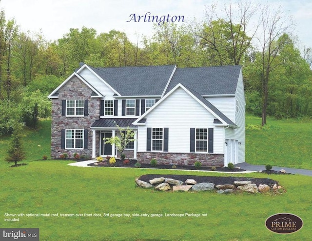 view of front of house with a garage and a front lawn