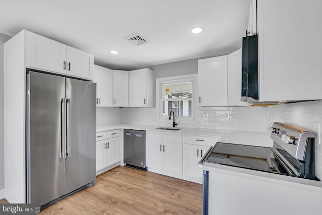 kitchen with stainless steel appliances, white cabinets, sink, backsplash, and light hardwood / wood-style floors