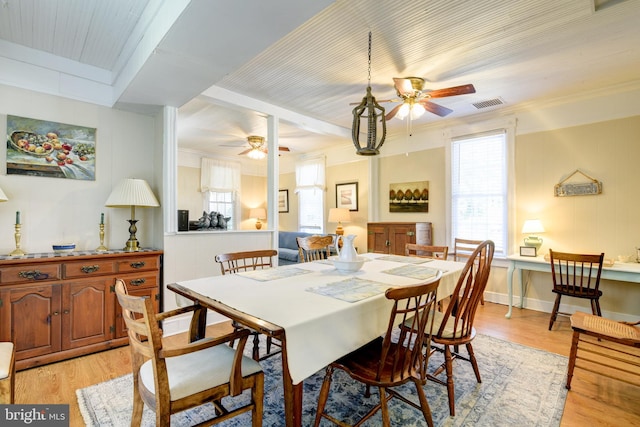 dining area with ceiling fan and light hardwood / wood-style floors