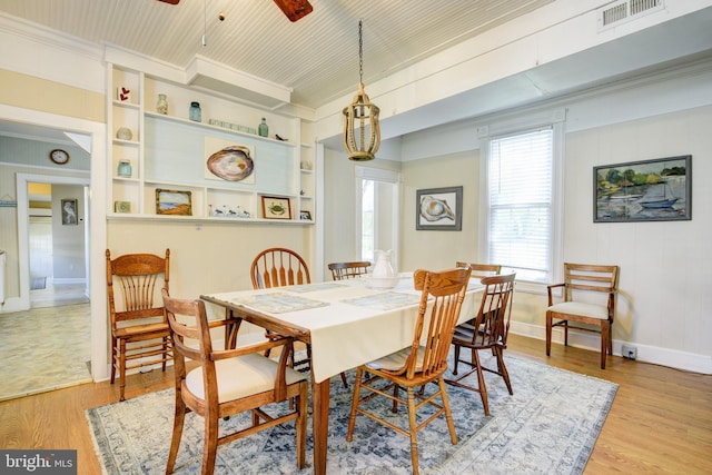 dining area with ceiling fan, wood ceiling, light wood-type flooring, and built in shelves