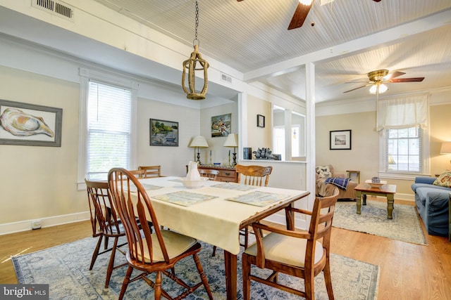 dining area with ceiling fan and light wood-type flooring