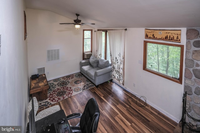 living room with dark hardwood / wood-style floors and ceiling fan