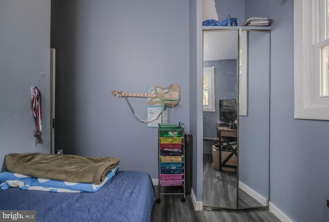 bedroom featuring dark hardwood / wood-style flooring and multiple windows