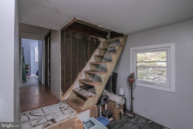 stairway featuring hardwood / wood-style flooring