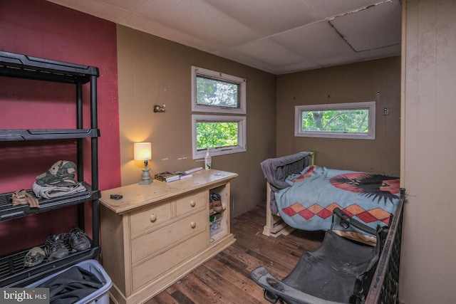 bedroom featuring dark hardwood / wood-style flooring, multiple windows, and a drop ceiling