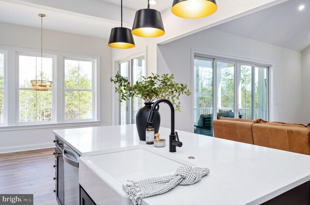 kitchen with a wealth of natural light, hardwood / wood-style flooring, sink, and hanging light fixtures