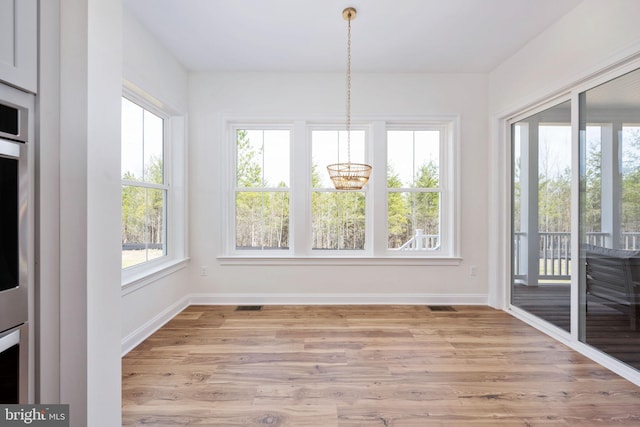 unfurnished dining area with light hardwood / wood-style flooring and a wealth of natural light