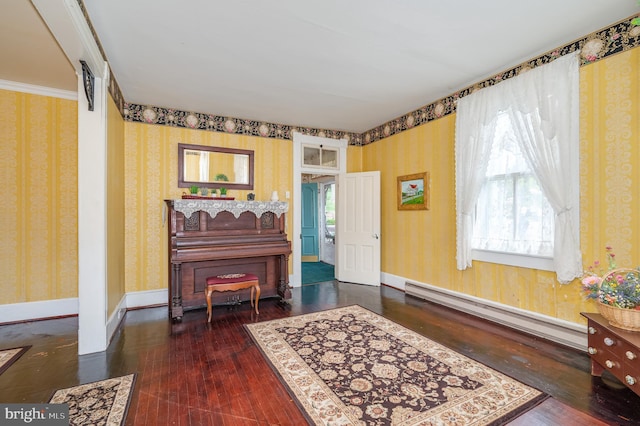 sitting room with dark wood-type flooring and a baseboard radiator