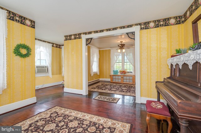 entrance foyer featuring ceiling fan, dark hardwood / wood-style floors, and a healthy amount of sunlight