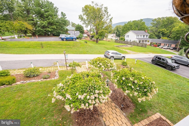 view of yard featuring a residential view and a mountain view