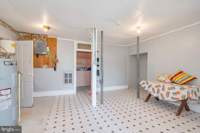 interior space with electric panel, crown molding, and water heater