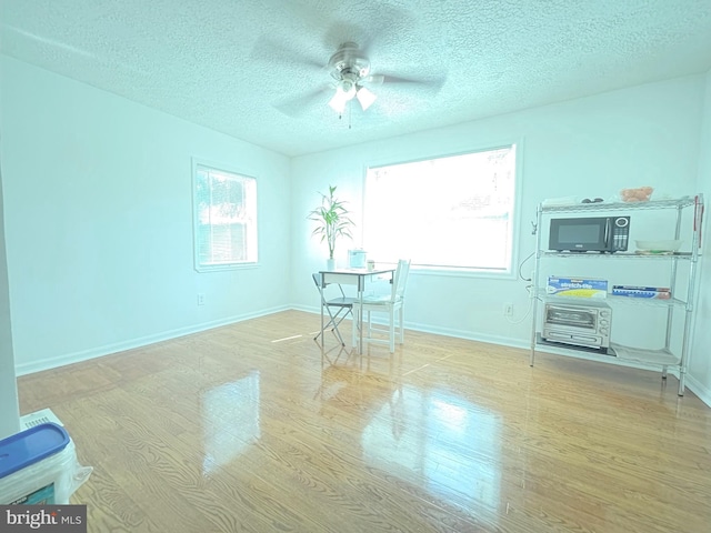 unfurnished dining area with ceiling fan, plenty of natural light, a textured ceiling, and light wood-type flooring