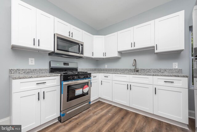 kitchen featuring appliances with stainless steel finishes, dark hardwood / wood-style floors, sink, and light stone countertops