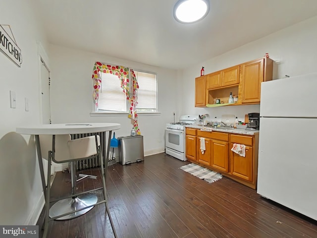 kitchen featuring white appliances, a sink, light countertops, dark wood-style floors, and open shelves