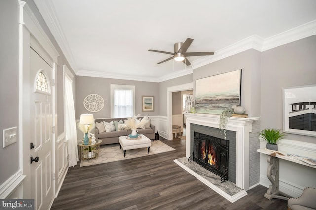 living room with ceiling fan, ornamental molding, and dark hardwood / wood-style flooring