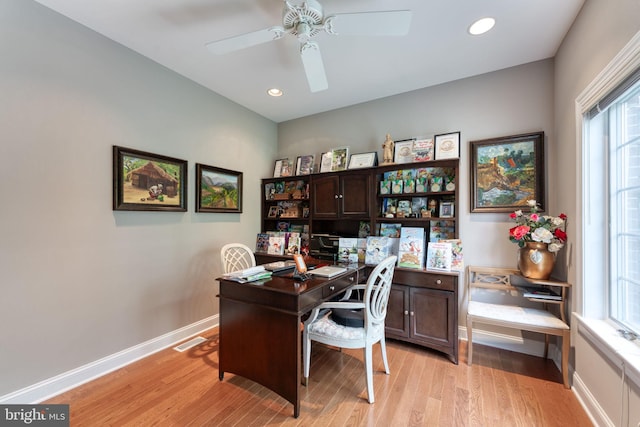 office area featuring ceiling fan and light hardwood / wood-style flooring