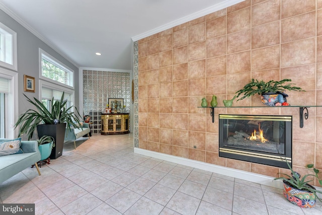 interior space featuring ornamental molding, tile walls, and tile patterned flooring