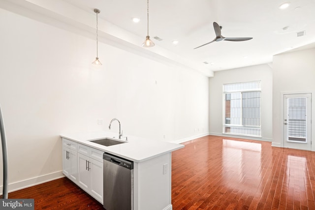 kitchen with white cabinets, sink, stainless steel dishwasher, dark hardwood / wood-style floors, and pendant lighting