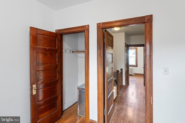 hall featuring radiator and hardwood / wood-style floors