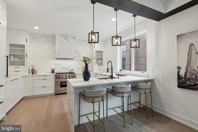 kitchen featuring white cabinets, sink, premium range, and premium range hood