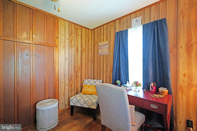 office with wood walls and dark hardwood / wood-style floors