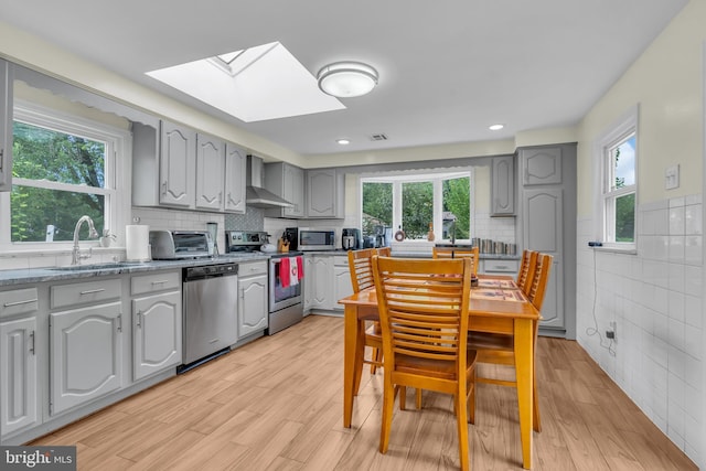 kitchen featuring a sink, stainless steel appliances, gray cabinets, and wall chimney range hood