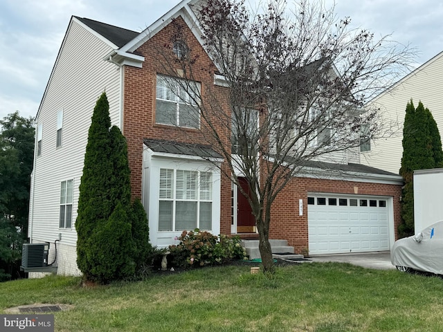 view of front facade featuring central AC unit, a garage, and a front lawn