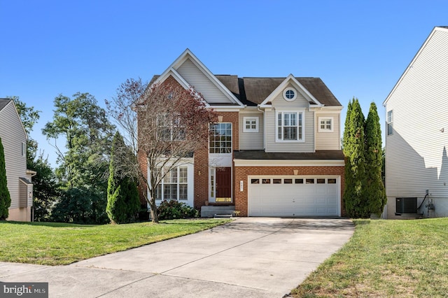 view of front facade with driveway, brick siding, central AC unit, an attached garage, and a front yard