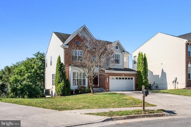 front facade featuring a garage, central air condition unit, and a front yard