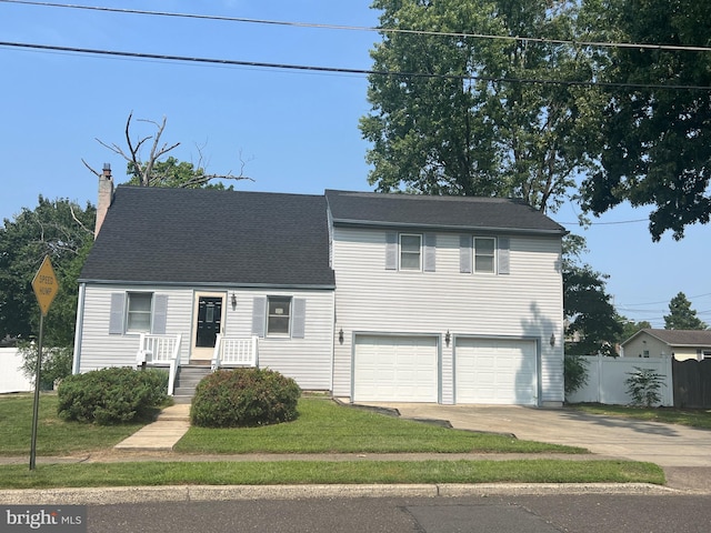 view of front of home with a front yard and a garage