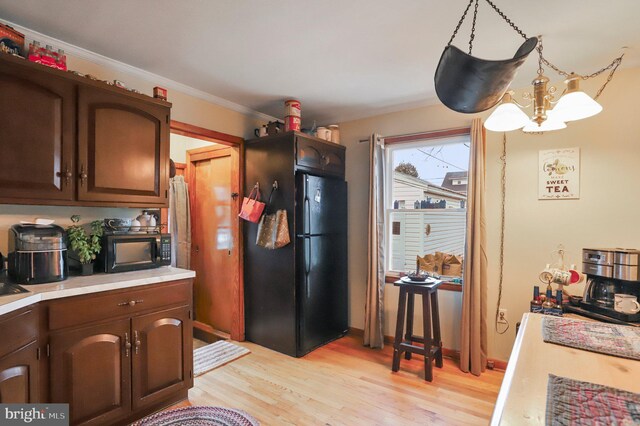 kitchen with light hardwood / wood-style floors, pendant lighting, and dark brown cabinets