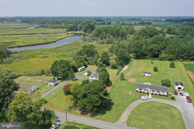 drone / aerial view featuring a rural view and a water view