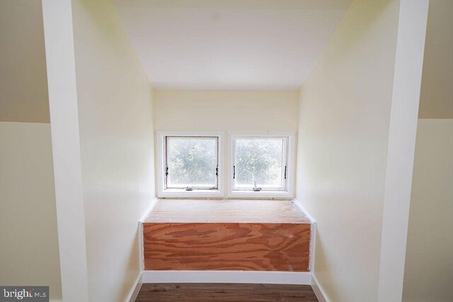 stairway with hardwood / wood-style flooring