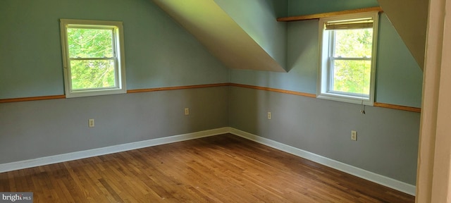 bonus room with hardwood / wood-style flooring, a healthy amount of sunlight, and vaulted ceiling