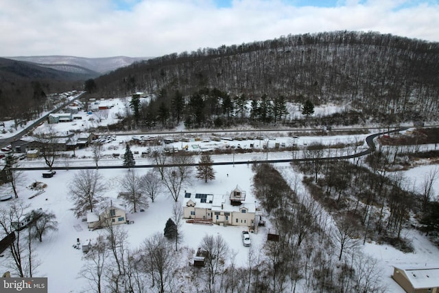 snowy aerial view with a mountain view