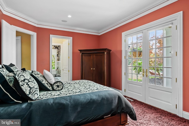 bedroom with carpet, ornamental molding, and french doors