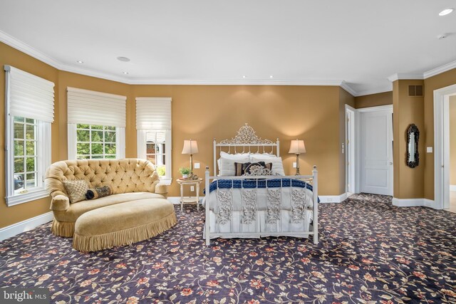 details with carpet floors and crown molding