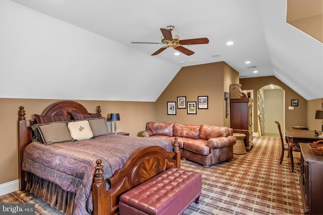 bedroom with ceiling fan and lofted ceiling