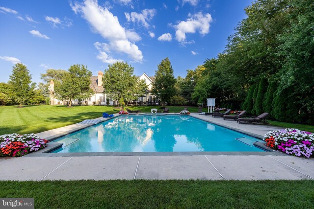 view of pool featuring a lawn