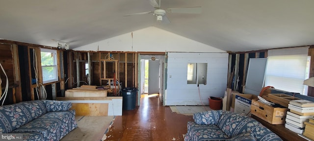 living room featuring ceiling fan, vaulted ceiling, hardwood / wood-style flooring, and track lighting