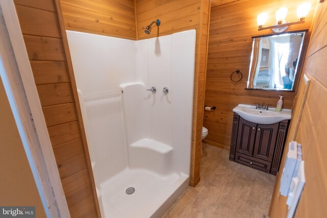 bathroom with toilet, vanity, wooden walls, and a shower