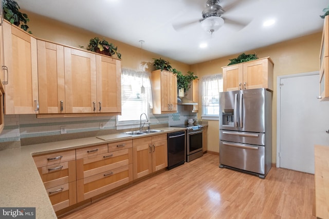 kitchen with backsplash, sink, light hardwood / wood-style floors, stainless steel refrigerator with ice dispenser, and electric stove