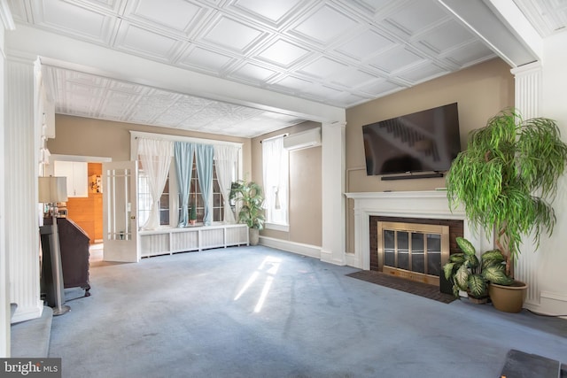 living room featuring carpet floors and a brick fireplace