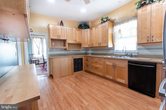 kitchen with dishwasher, sink, decorative backsplash, light hardwood / wood-style floors, and light brown cabinets