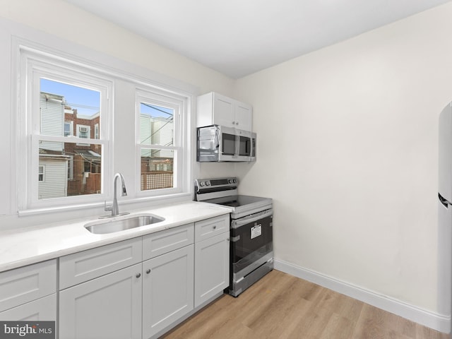 kitchen featuring stainless steel appliances, white cabinetry, sink, and light hardwood / wood-style floors