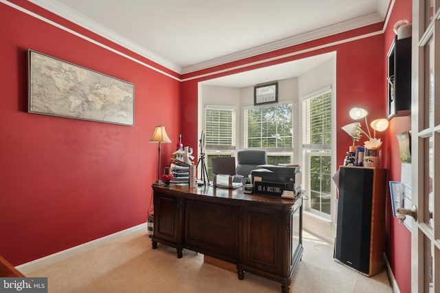 office space with light carpet and ornamental molding