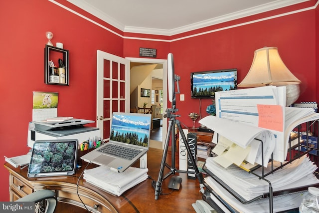 office space with ornamental molding and hardwood / wood-style flooring