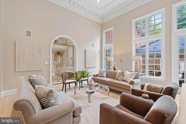 living room with light wood-type flooring, a towering ceiling, and ornamental molding